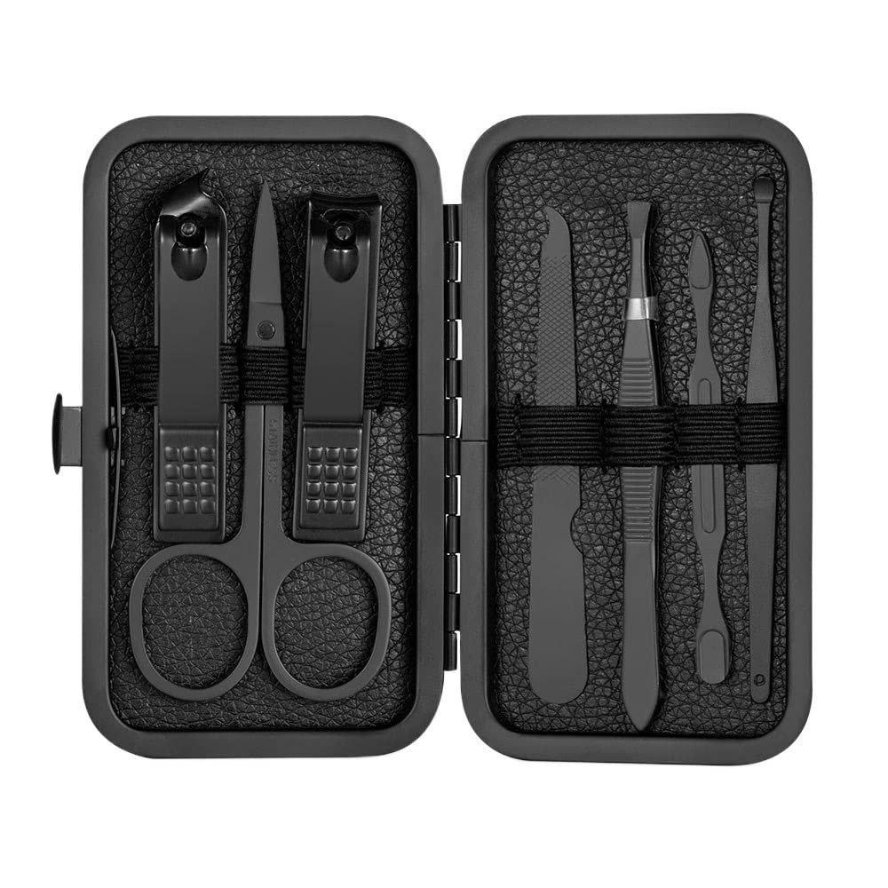 COOVS 7/10/16/18 Pcs Manicure Cutters Nail Clipper Set Household Stainless Steel Ear Spoon Nail Clippers Pedicure Nail Scissors Tool (Color : 7pcs Black)