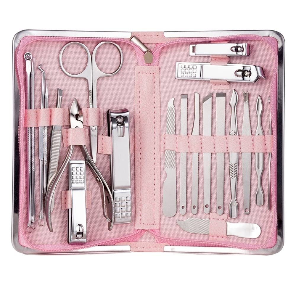 COOVS 11-26 Pcs Professional Nail Clippers Manicure Set Stainless Steel Nail Cutter Scissor Cuticle Nipper Nail Tools Set (Color : 21pcs Pink)