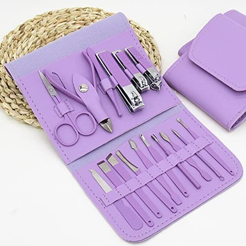 COOVS Manicure Set Nail Clippers Tools Household 12/16Pcs Green Stainless Steel Ear Spoon Nail Cutters Scissors Kit for Manicure Tools (Color : 16pcs Purple)