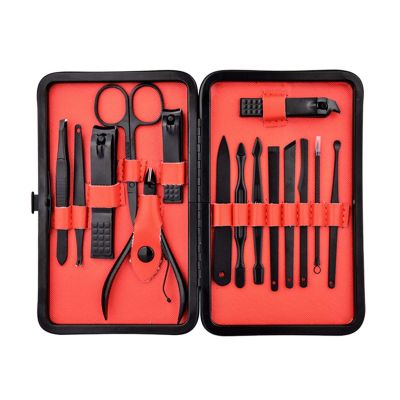 COOVS Stainless Steel Nail Clipper Cutter Trimmer Scissor Tweezers Knife Ear Pick Grooming Kit Manicure Pedicure Toe Tools (Color : 15pcs red)