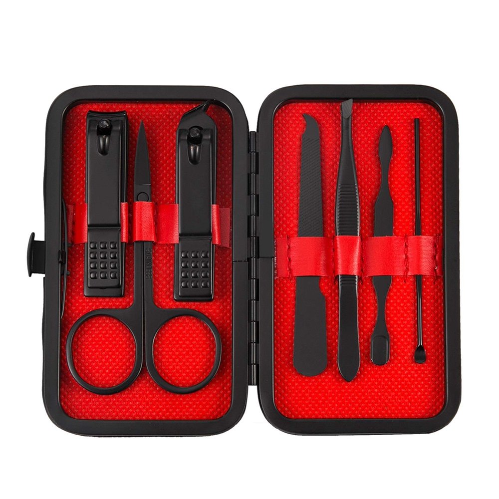 COOVS 7pcs Multifunction Nail Clippers Set Portable Travel Stainless Steel Black Pedicure Scissor Tweezer Manicure Set Kit Nail Tools