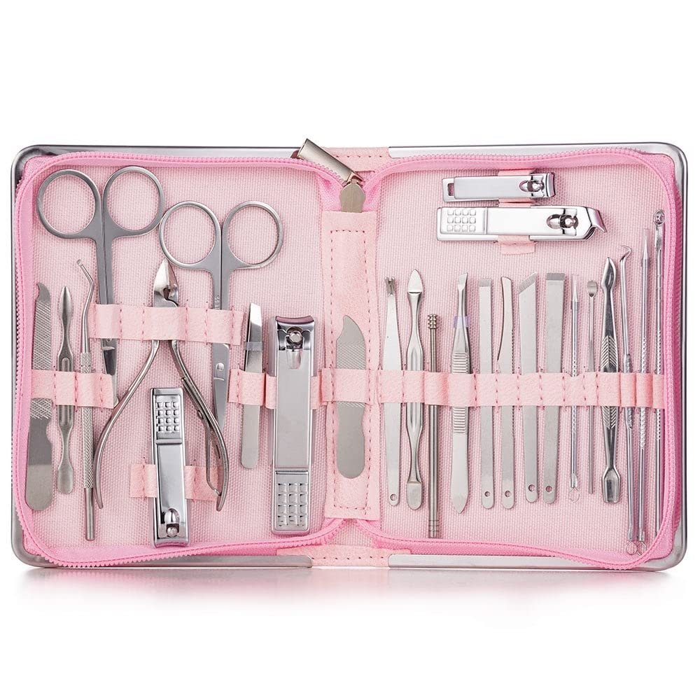 COOVS 11-26 Pcs Professional Nail Clippers Manicure Set Stainless Steel Nail Cutter Scissor Cuticle Nipper Nail Tools Set (Color : 26pcs Pink)