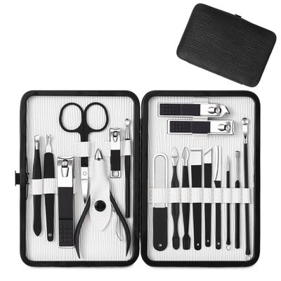 COOVS Multifunction Nail Clipper Set Pedicure Cutter Nail File Scissors Kit with Travel Case Stainless Steel Blue Manicure Set Tools (Color : 18pcs-Black)