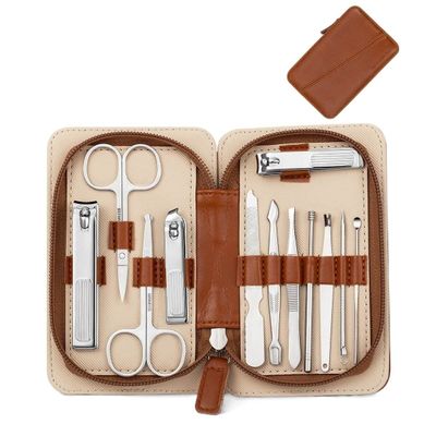 COOVS Manicure Set Stainless Steel Nail Clippers Pedicure Pliers Nose Eyebrow Scissors Nail Cutter Personal Care Tool Travel Kit (Color : 12pcs Dark Brown)