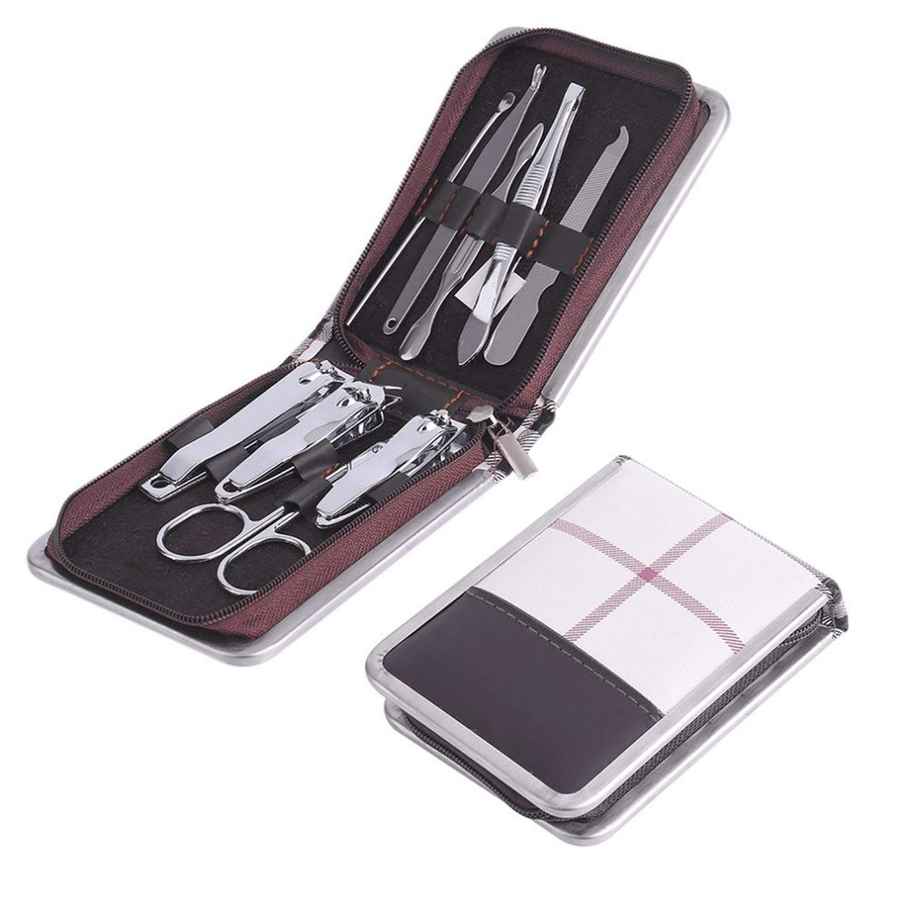 COOVS 9pcs Portable Size Travel Nail Clipper Kit Stainless Steel Nail Care Cheap Tweezer Scissor Manicure Set Tools with Zipper Bag