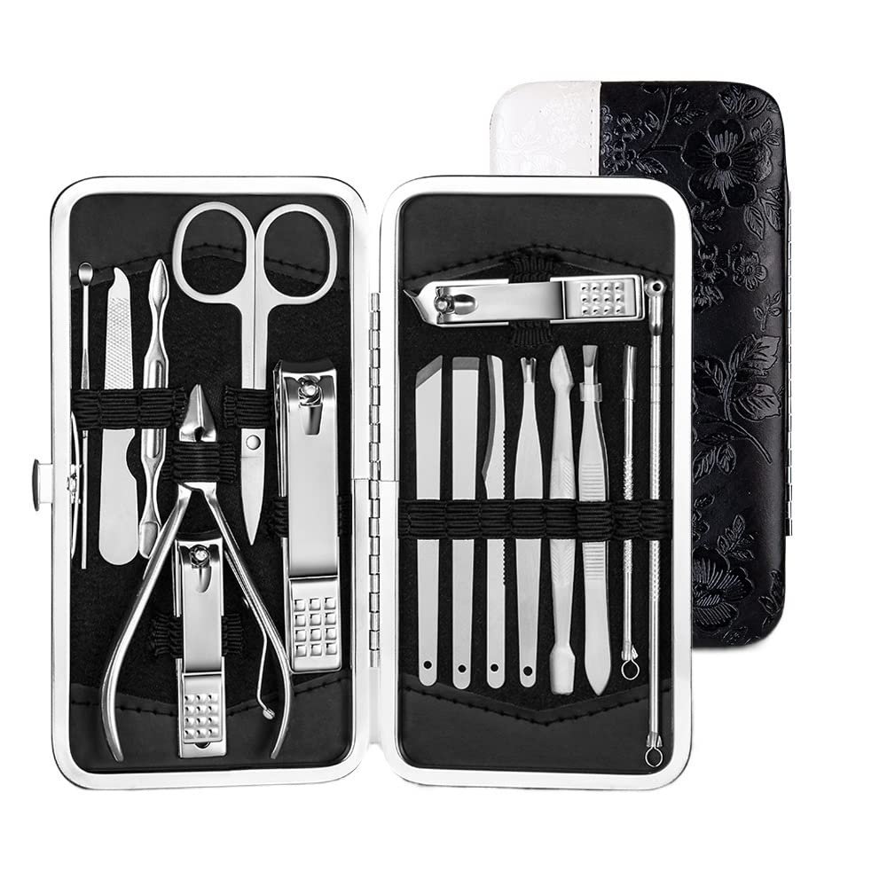 COOVS Manicure Set Nail Clippers Pedicure Kit Stainless Steel Manicure Professional Grooming Kits Nail Care Tools with Travel Case (Color : 16pcs-Withe)