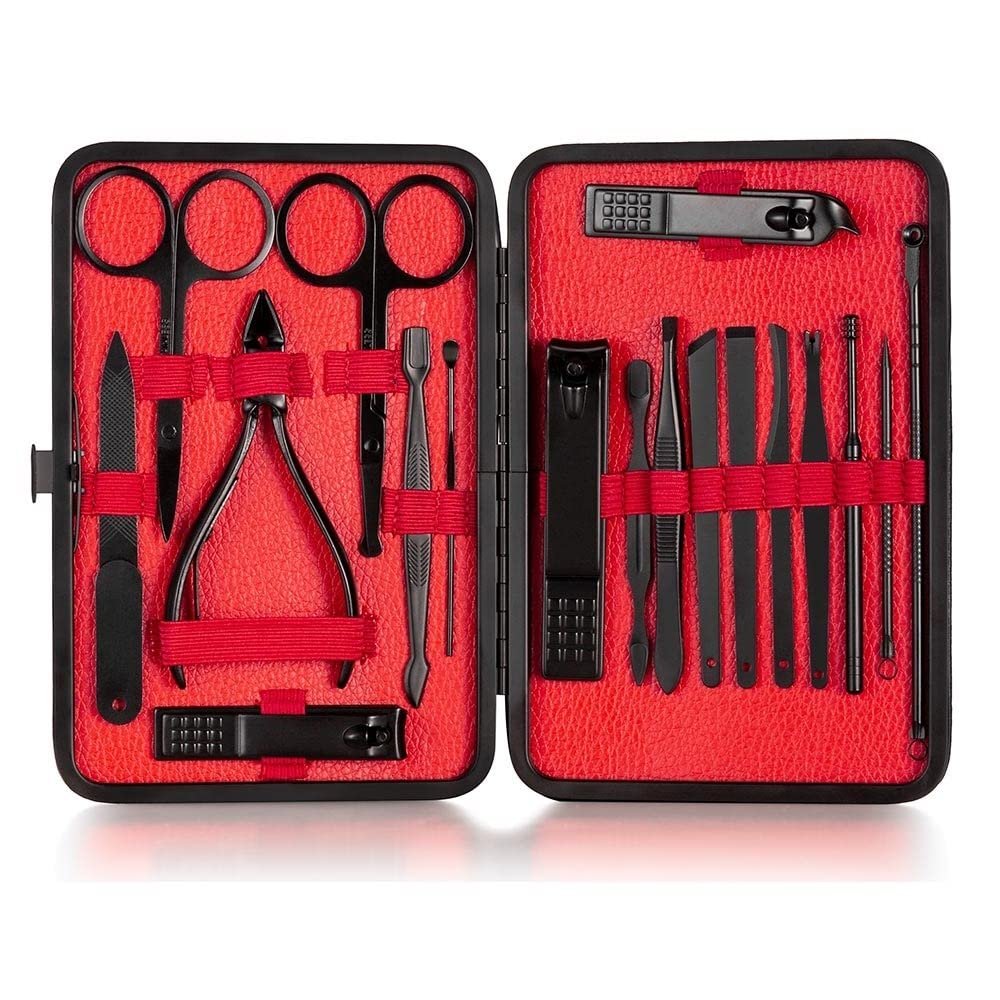 COOVS 18 in 1 Manicure Set Stainless Steel Nail Clippers Pedicure Kit Portable Travel Household Nail Scissor Kit Nail Cutter Tool Set (Color : 18pcs red)