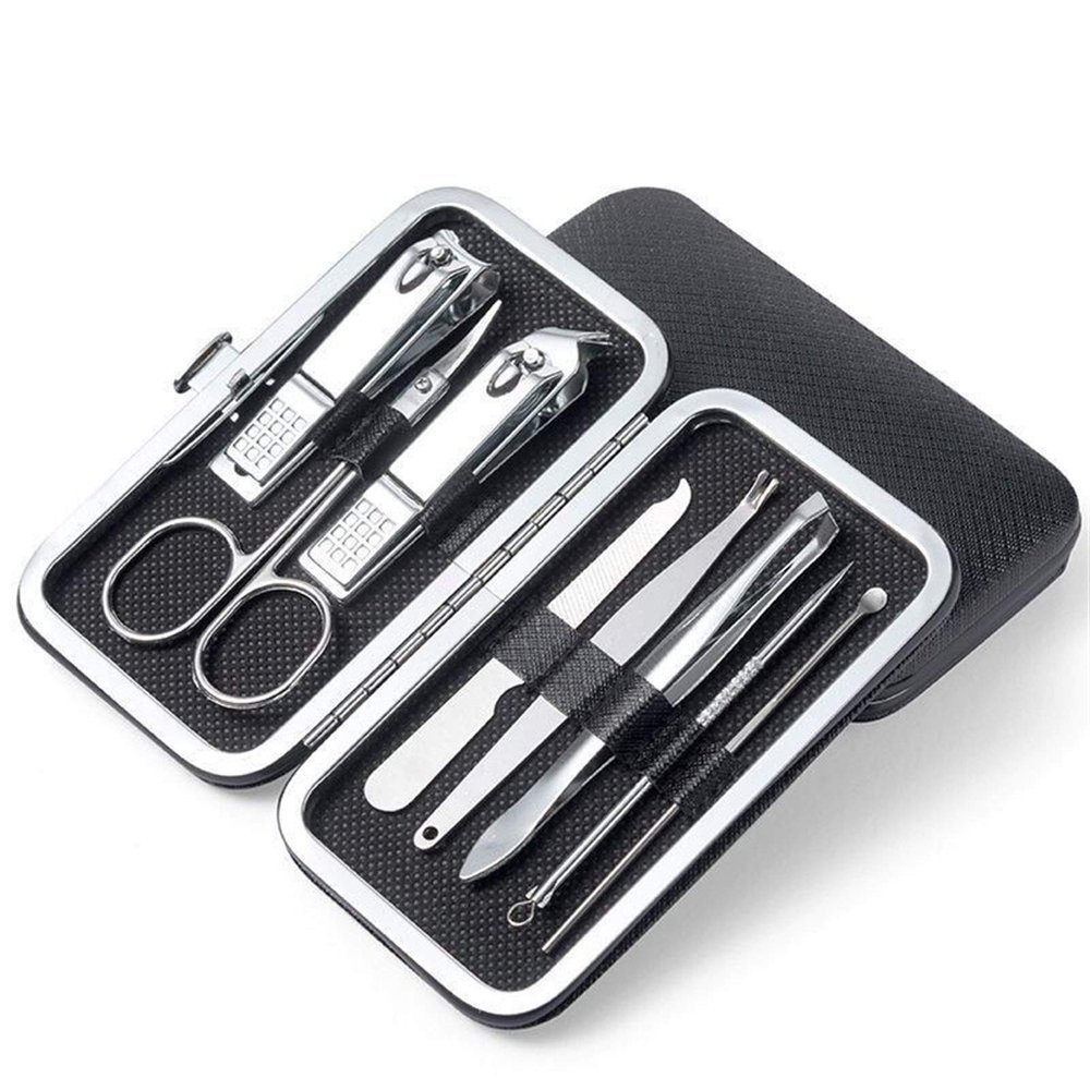COOVS 8Pcs Multifunction Nail Clippers Set Stainless Steel Pedicure Scissor Tweezer Manicure Set Kit Nail Art Tools (Color : Preto)