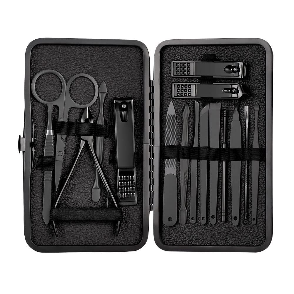 COOVS 18 in 1 Manicure Set Stainless Steel Nail Clippers Pedicure Kit Portable Travel Household Nail Scissor Kit Nail Cutter Tool Set (Color : 16pcs Black)