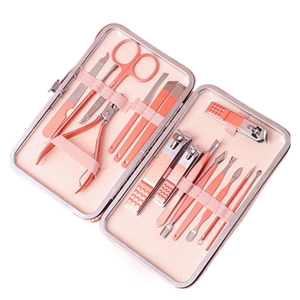 COOVS Nail Clippers Professional Pedicure Scissors Set Cuticle Eagle Hook Tweezers Manicure Nail Cutter Tool Set (Color : Pink 16pcs)