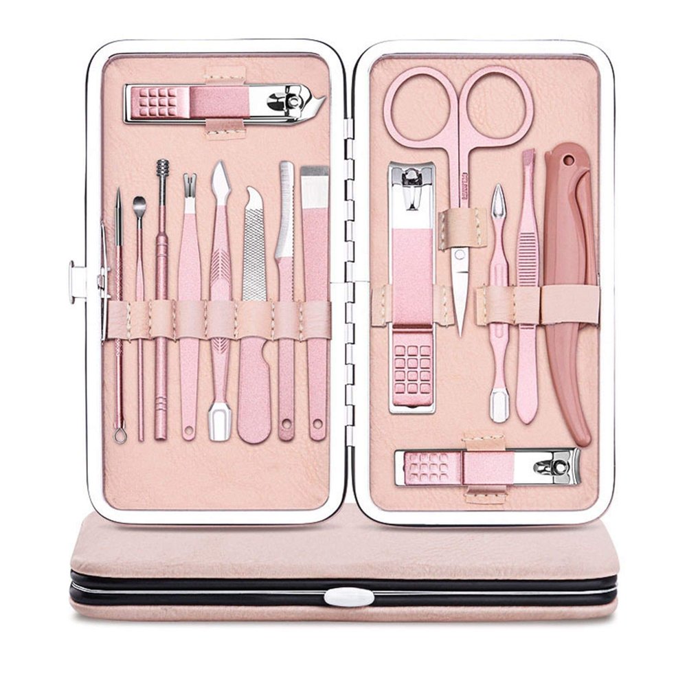 COOVS Rose Gold Professional Manicure Set Stainless Steel Pedicure Set,Nose Hair Scissors,Eyebrow Razor Family Foot Hand Care Set (Color : 15pcs)