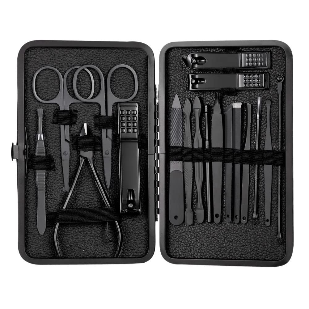 COOVS 18 in 1 Manicure Set Stainless Steel Nail Clippers Pedicure Kit Portable Travel Household Nail Scissor Kit Nail Cutter Tool Set (Color : 18pcs Black)