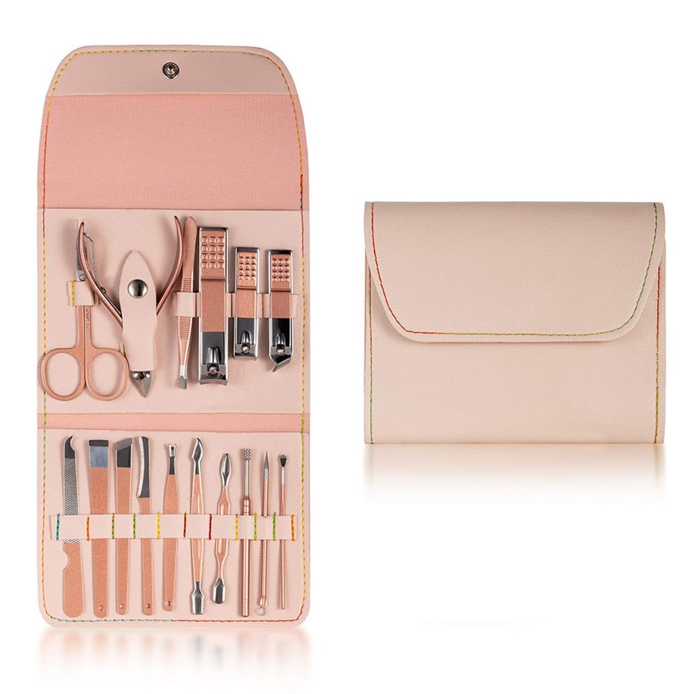 COOVS 4-23PCS Professional Nail Clipper Pedicure Manicure Set Stainless Steel Cuticle Scissor Pusher Tweezer Nail File Nail Cutter Set (Color : 16PCS Pink)