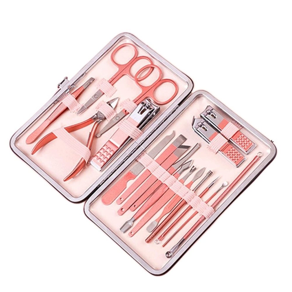 COOVS Nail Clippers Professional Pedicure Scissors Set Cuticle Eagle Hook Tweezers Manicure Nail Cutter Tool Set (Color : Pink 18pcs)