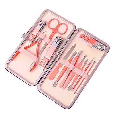 COOVS Nail Clippers Professional Pedicure Scissors Set Cuticle Eagle Hook Tweezers Manicure Nail Cutter Tool Set (Color : Pink 12pcs)