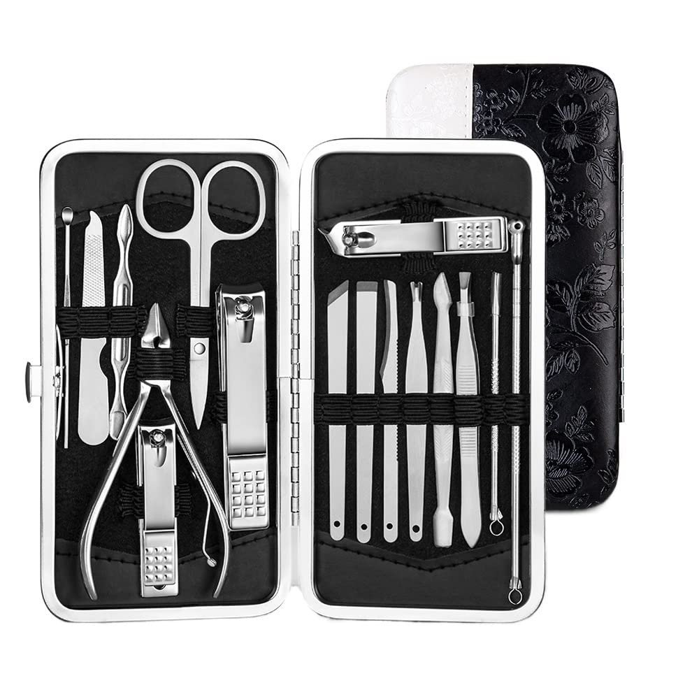 COOVS Nail Clipper Professional Grooming Kit Pedicure Kit Nail Cutter Tools with Luxurious Travel Case Manicure Scissors Makeup (Color : 16pcs Withe)
