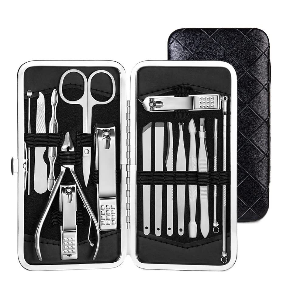 COOVS Nail Clipper Professional Grooming Kit Pedicure Kit Nail Cutter Tools with Luxurious Travel Case Manicure Scissors Makeup (Color : 16pcs Black)