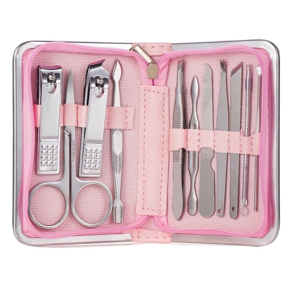 COOVS Nail Clipper Professional Grooming Kit Pedicure Kit Nail Cutter Tools with Luxurious Travel Case Manicure Scissors Makeup (Color : 11pcs Pink)