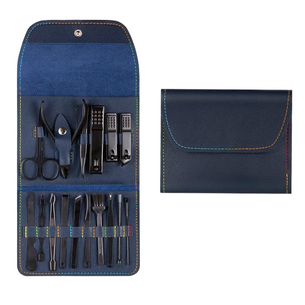 COOVS 7-23 Pcs Professional Nail Cutter Pedicure Scissors Set Stainless Steel Eagle Hook Portable Manicure Nail Clipper Tool Set (Color : 16 pcs Blue)