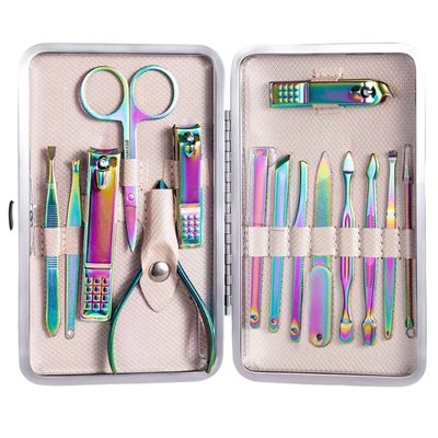 COOVS 7-23 Pcs Professional Nail Cutter Pedicure Scissors Set Stainless Steel Eagle Hook Portable Manicure Nail Clipper Tool Set (Color : 15 pcs Aurora Color)