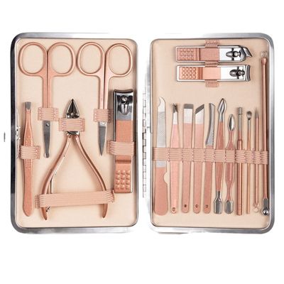 COOVS 7-23 Pcs Professional Nail Cutter Pedicure Scissors Set Stainless Steel Eagle Hook Portable Manicure Nail Clipper Tool Set (Color : 18 pcs Pink)