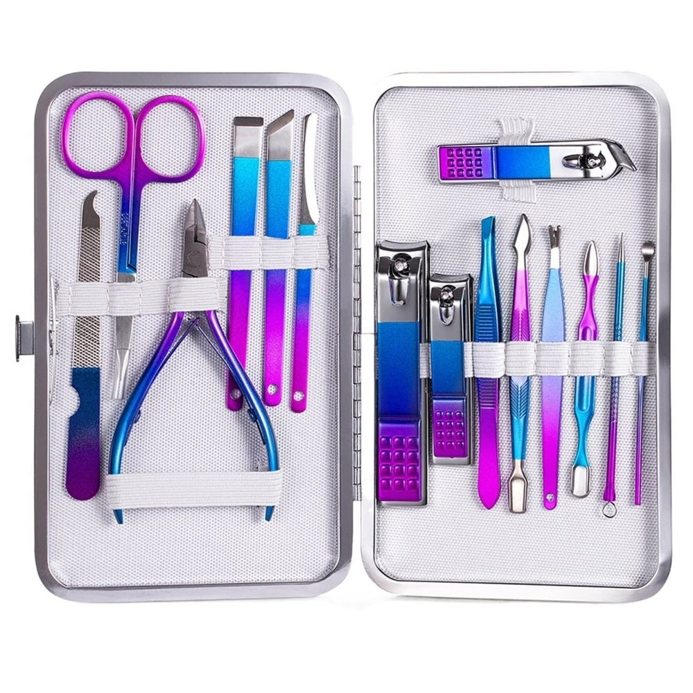 COOVS 7-23 Pcs Professional Nail Cutter Pedicure Scissors Set Stainless Steel Eagle Hook Portable Manicure Nail Clipper Tool Set (Color : 15 pcs Color Steel)