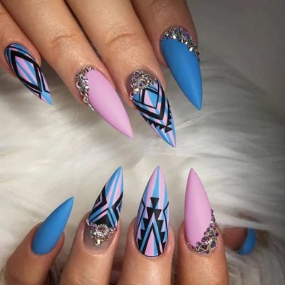 FRUJCDKI 24pcs Stiletto Nail Tips Full Cover Long Pointed Fake Nails Medium Length Fake Nails with Nail Glue Almond Design Full Cover on Stick Nails Nude Pink Black Gold White False Nails for Women Girls (Blue-Purple)