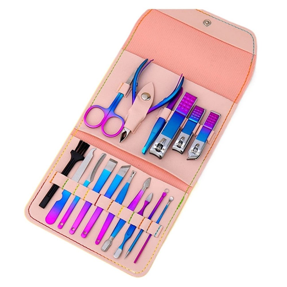 COOVS Nail Scissors Set Colorful Folding Stainless Steel Acne Needle Ear Spoon Nail Clipper Multi-Function Professional Manicure Tool (Color : 16 pcs)