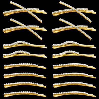 16 Pieces Rhinestone Bobby Pins, Fancy Metal Hair Clips, Crystal Shiny Barrettes, I S X Shaped Diamond Hair Accessories for Women Girls Wedding Prom Party (Gold)