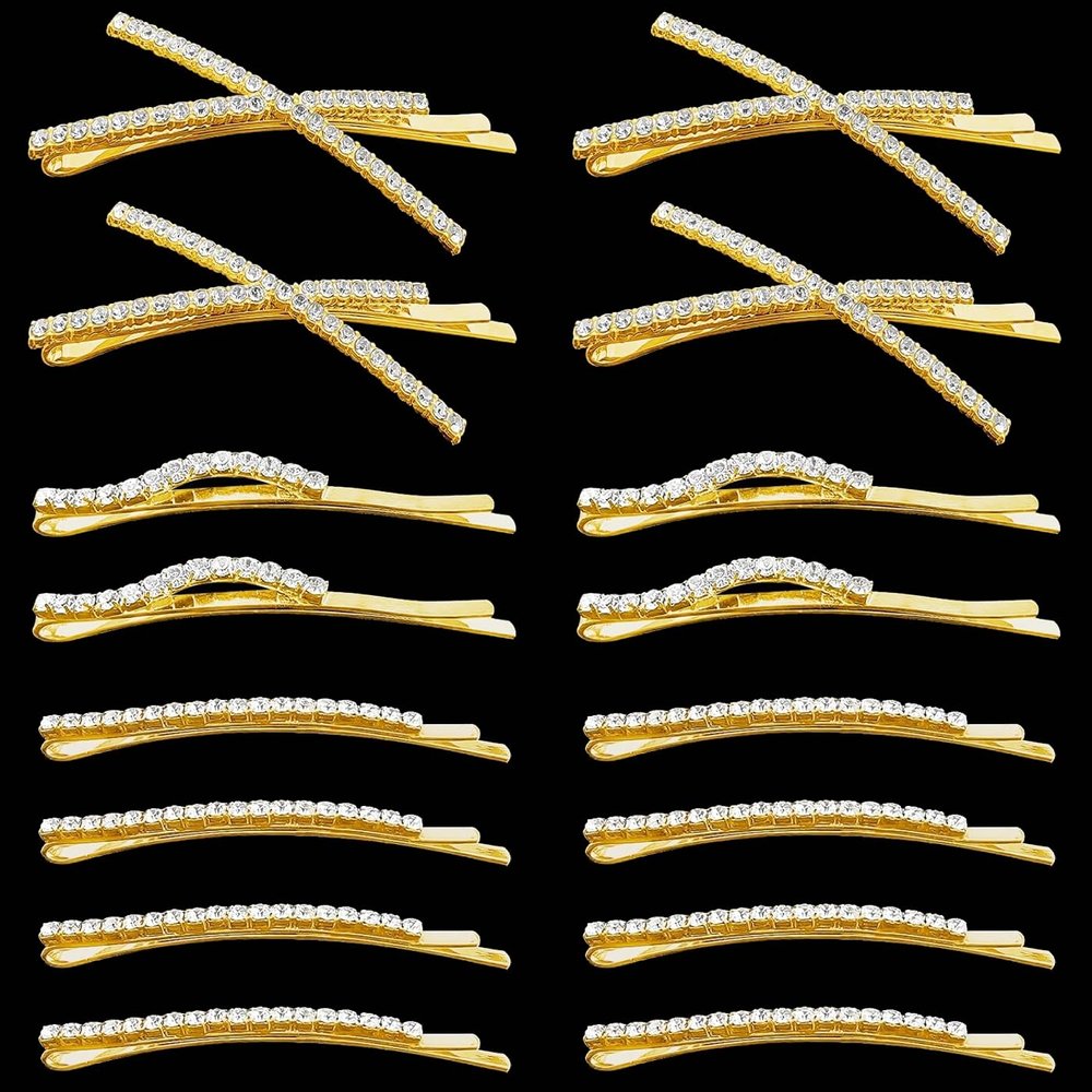 16 Pieces Rhinestone Bobby Pins, Fancy Metal Hair Clips, Crystal Shiny Barrettes, I S X Shaped Diamond Hair Accessories for Women Girls Wedding Prom Party (Gold)