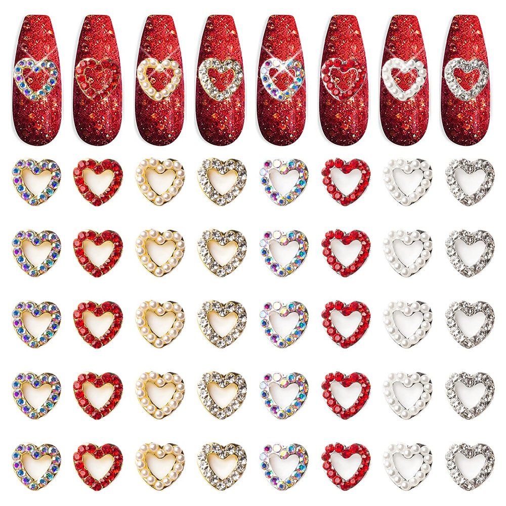 XEAOHESY 40 Pieces Gold and Silver Alloy Heart Charms for Nails Love Heart Nail Charms Gems Christmas Nail Studs Inlaid Rhinestone Pearls for Women Girls Valentine's Day