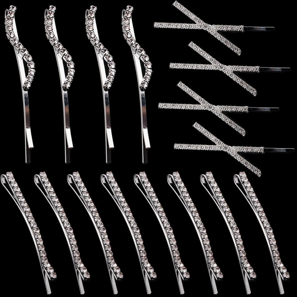 16 Pieces Rhinestone Bobby Pins, Fancy Metal Hair Clips, Crystal Shiny Barrettes, I S X Shaped Diamond Hair Accessories for Women Girls Wedding Prom Party (Silver)