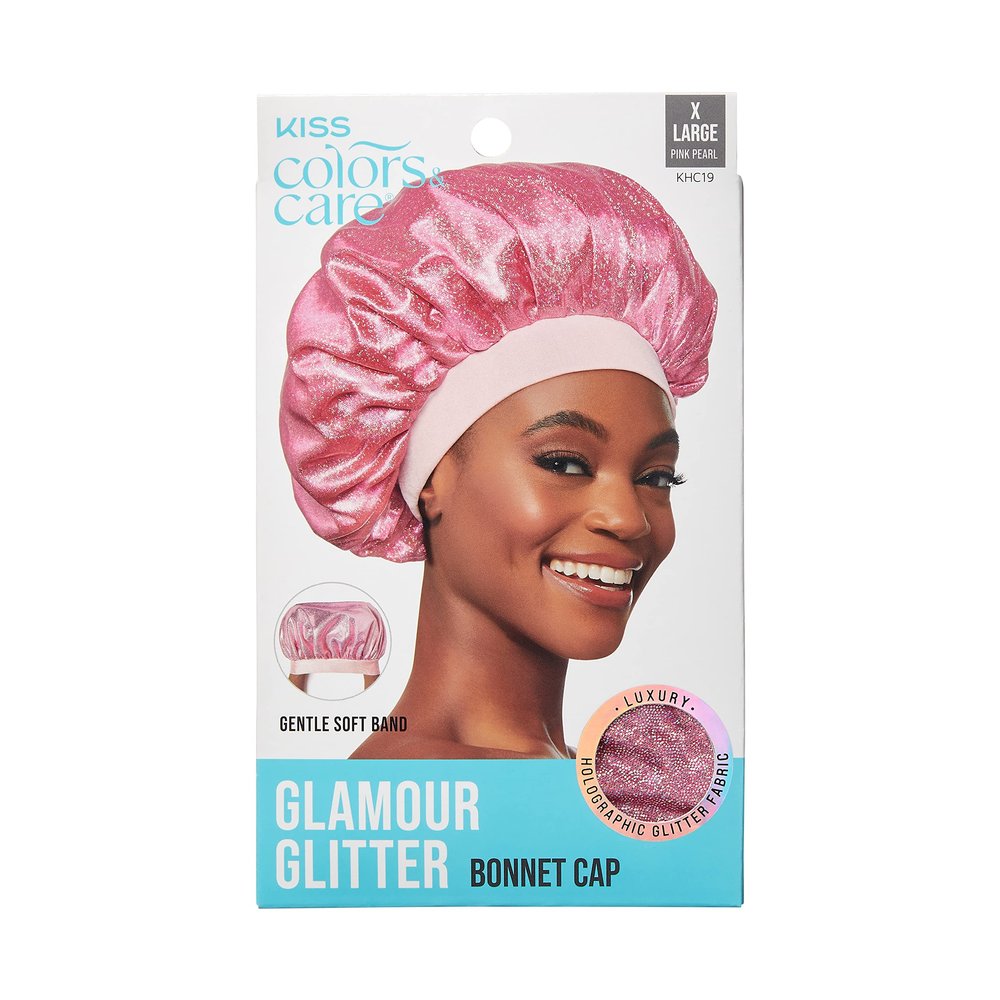 KISS COLORS & CARE Glitter Bonnet XL, Pink Pearl, Gentle Silky Fabric with Elastic Band for Most Hair Types - Hypoallergenic, Overnight Wear Stylish Sleep Cap, Slip-Free, Breathable