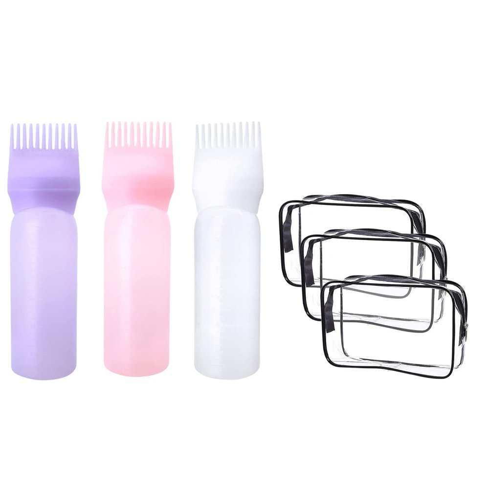 Root Comb Applicator Bottle 6 Ounce Hair Dye Applicator Brush 3 Pack Applicator Bottle for Hair Clear Toiletry Bag Quart Size Bag Travel Makeup Cosmetic Bag PVC for Women Men