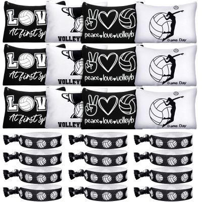 Sotiff 24 Pcs Volleyball Cosmetic Bag and Sport Hair Scrunchies Sport Team Gifts Canvas Makeup Bags Volleyball Elastic Hair Ties Bands Ponytail Holders for Women Toiletry Zipper Pouch Players Lover