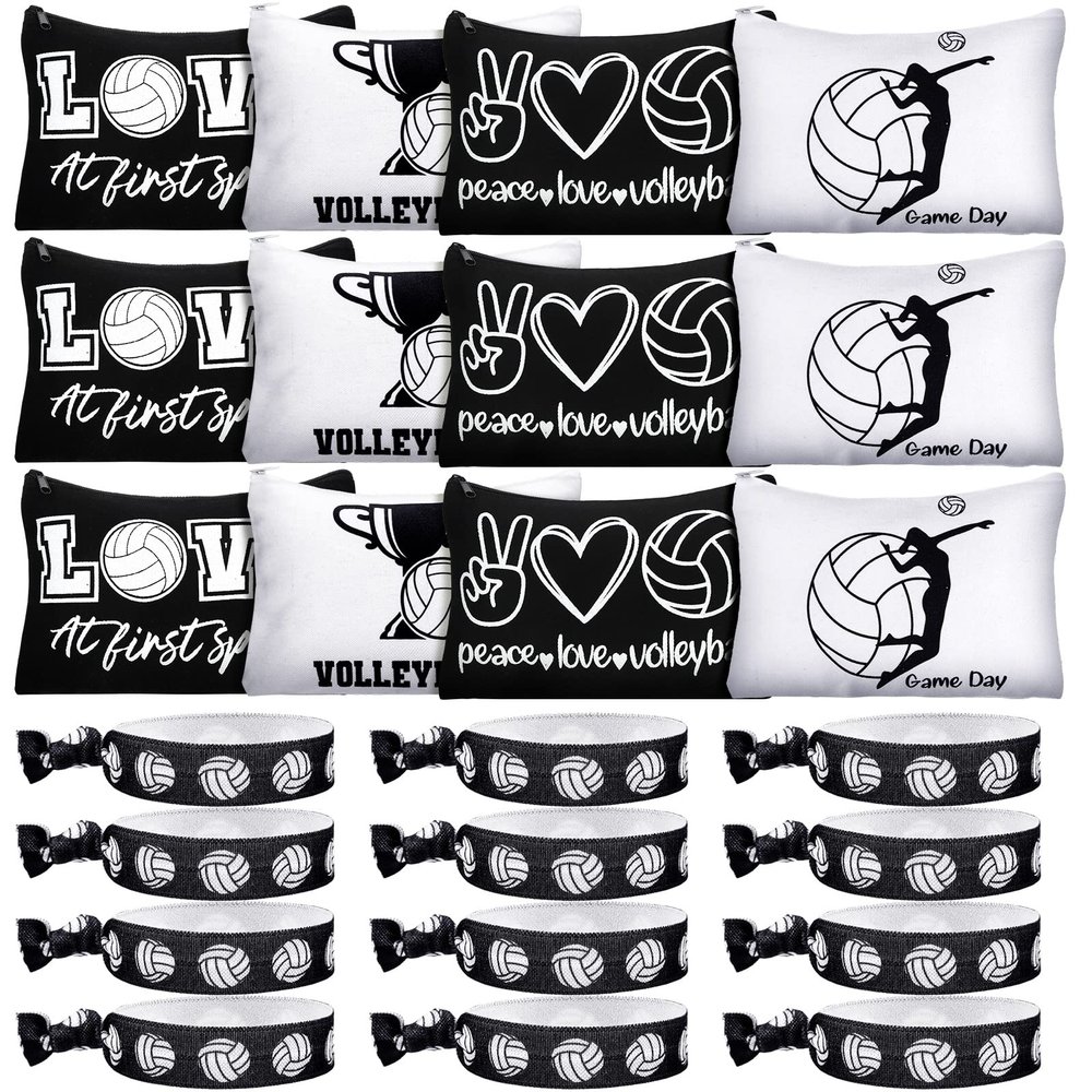 Sotiff 24 Pcs Volleyball Cosmetic Bag and Sport Hair Scrunchies Sport Team Gifts Canvas Makeup Bags Volleyball Elastic Hair Ties Bands Ponytail Holders for Women Toiletry Zipper Pouch Players Lover