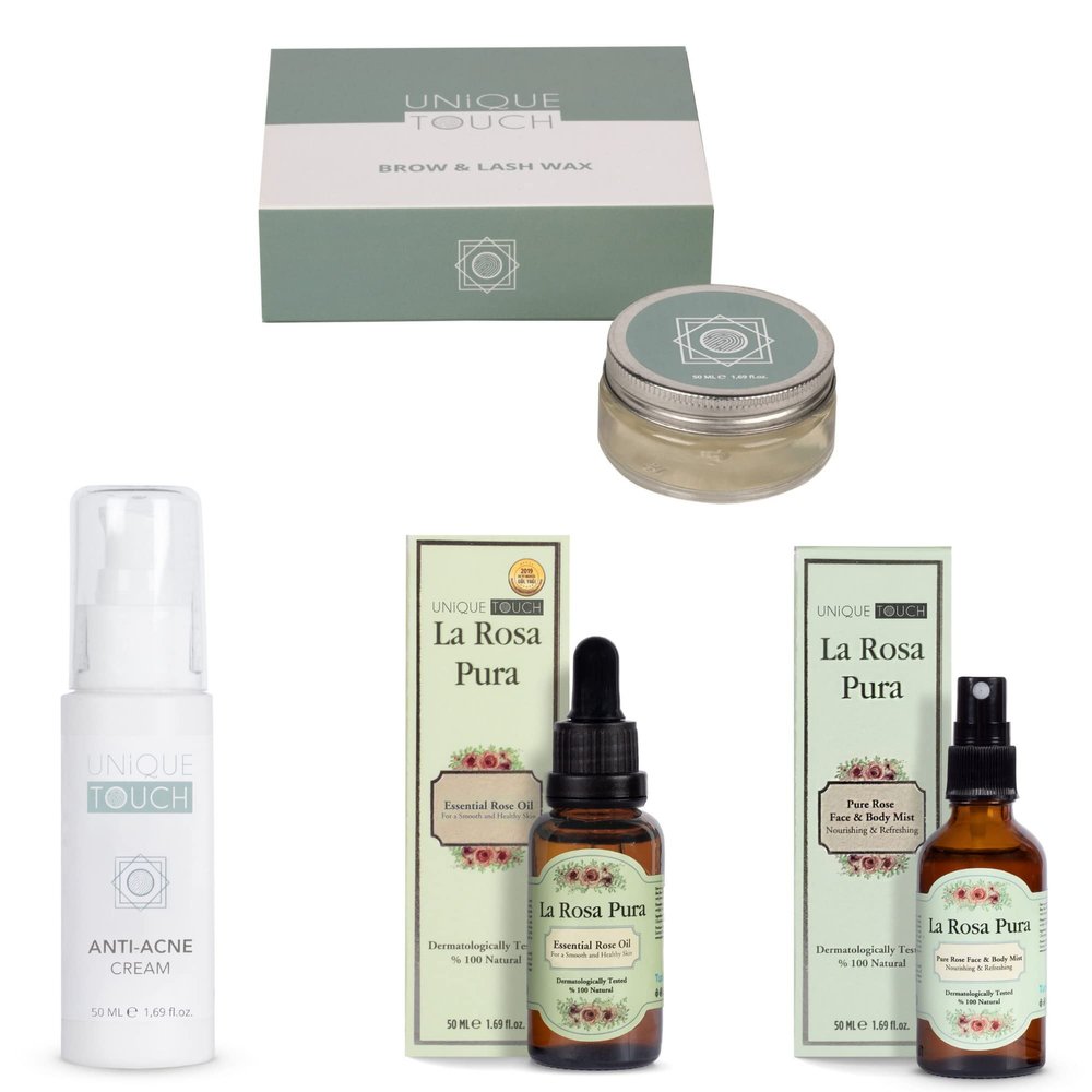UniqueTouch Pack of 4 Beauty Set - Essential Rose Oil, Pure Rose Face Body Mist, Anti-Acne Cream, Eyebrow Wax
