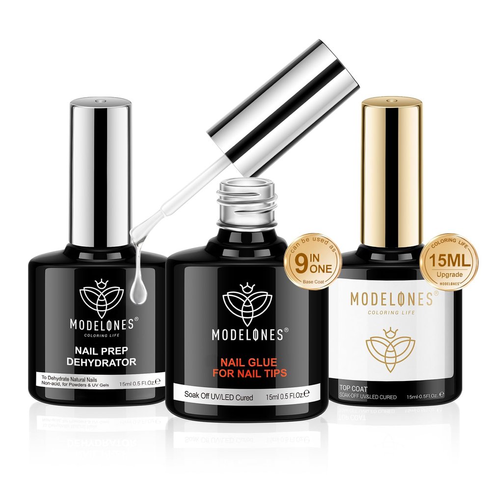 modelones Nail Glue Gel with Top Coat and Prep Dehydrator 3 PCS 15ml 9 in One Gel Glue Kit for Easy Nail Extension, No Wipe Top Coat