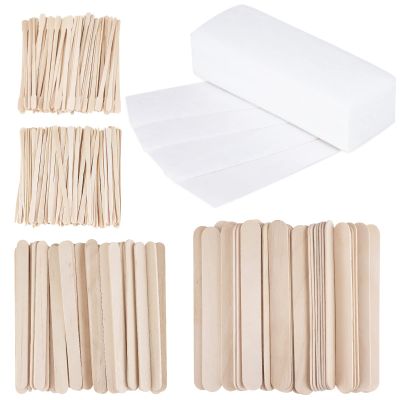 400Pcs Wax Strips Sticks Kit, FHDUSRYO 300 Small Medium Large Wooden Wax Applicator Sticks Eyebrow Wax Spatulas and 100 Non-Woven Paper Wax Strip for Face Body Hair Removal Women Men