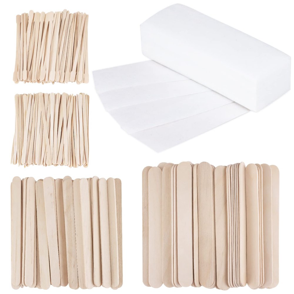 400Pcs Wax Strips Sticks Kit, FHDUSRYO 300 Small Medium Large Wooden Wax Applicator Sticks Eyebrow Wax Spatulas and 100 Non-Woven Paper Wax Strip for Face Body Hair Removal Women Men