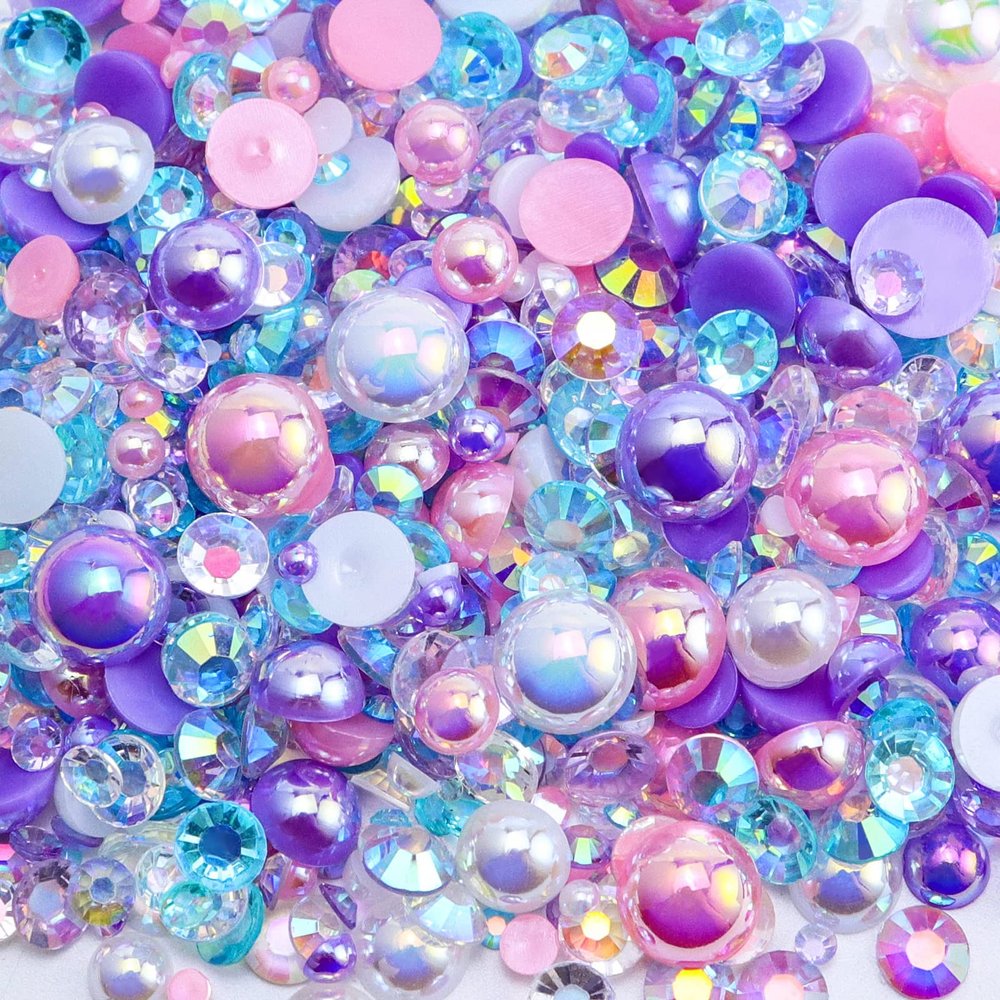 Briskbloom 60g Mix Flatback Pearls and Rhinestones for Crafts, 2mm-10mm for Nails Face Art Tumblers, With Tweezers Wax Pen, Pink|Purple|White