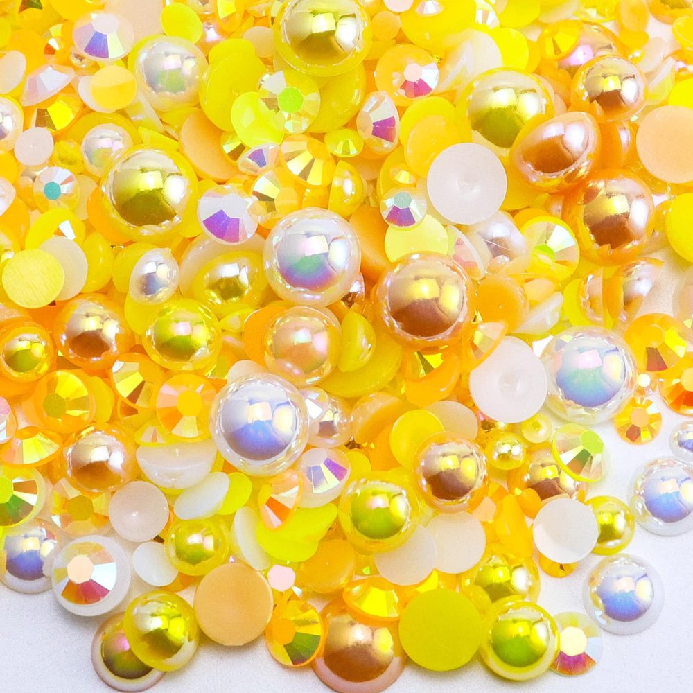 Briskbloom 60g Mix Flatback Pearls and Rhinestones for Crafts, 2mm-10mm Pearl Rhinestones for Nails Face Art Tumblers, Jelly Rhinestones and Half Pearls, with Tweezers Wax Pen, Yellow|White|Orange