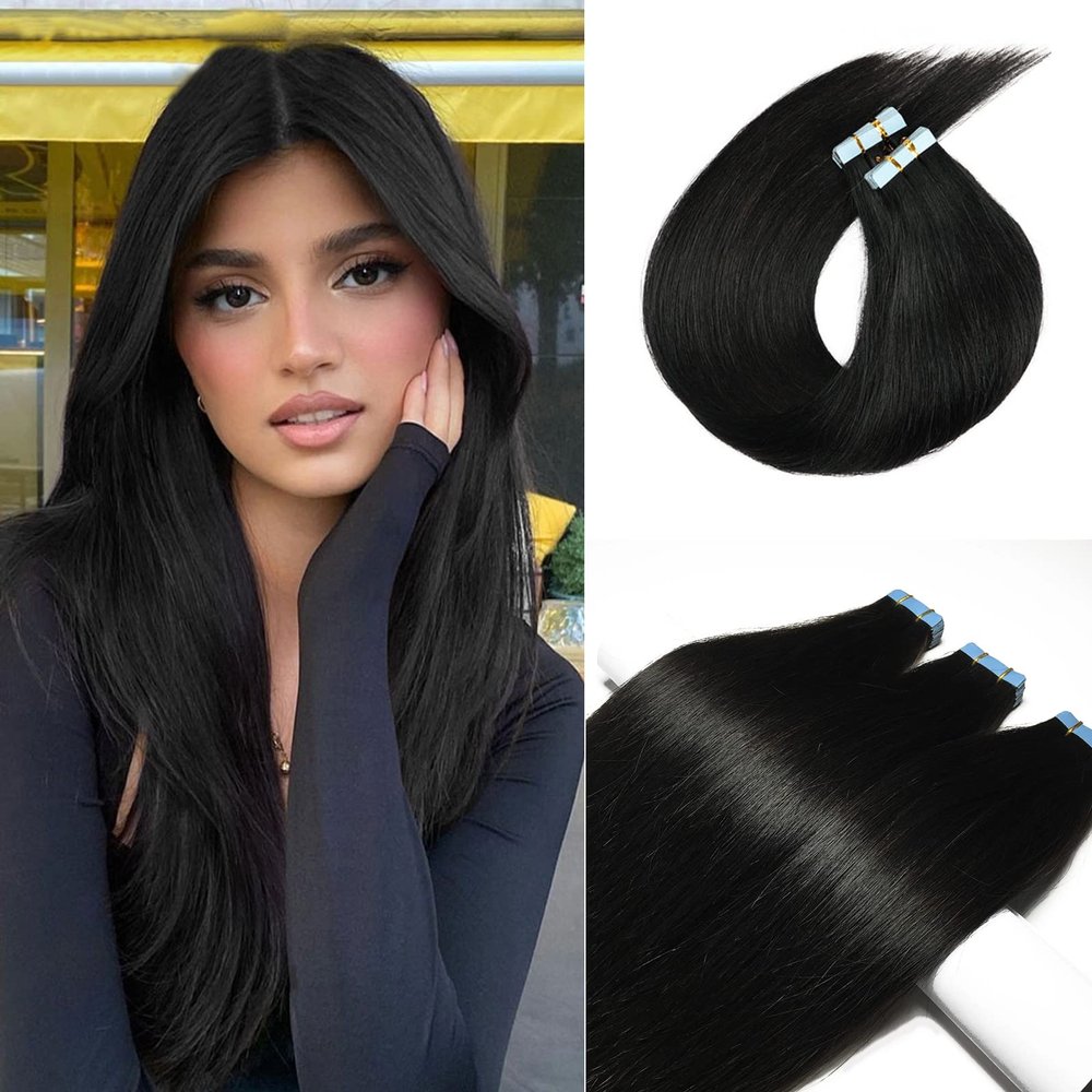 16Inch Tape in Hair Extensions Human Hair,Silky Straight 100% Remy Human Hair Seamless Skin Weft Tape in Hair Extensions #1 Jet Black 50 Gram 20Pcs/Pack for Women
