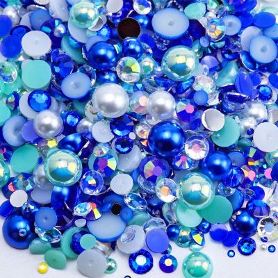 Briskbloom 60g Mix Flatback Pearls and Rhinestones for Crafts, 2mm-10mm Blue Green White for Nail Face Art Tumblers, Jelly Rhinestones and Half Pearls, With Tweezers Wax Pen