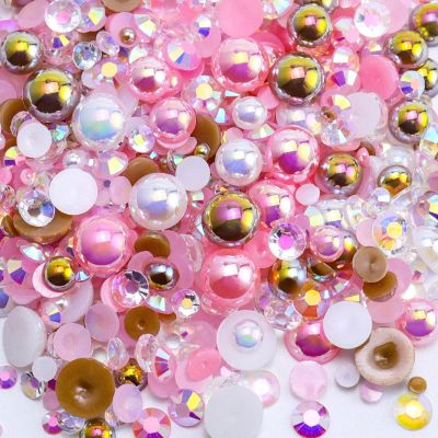 Briskbloom 3620PCS 2mm-10mm Flatback Pearls and Rhinestones Mix for Crafts, Nails, Face Art, Tumblers - Jelly Rhinestones and Half Pearls, with Tweezers and Wax Pen - Pink, Brown, White