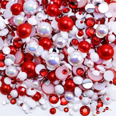 Briskbloom 60g Mix Flatback Pearls and Half Pearls for Crafts, 3620PCS Red White Pearl Rhinestones for Nails Face Art Tumblers, with Tweezers Wax Pen