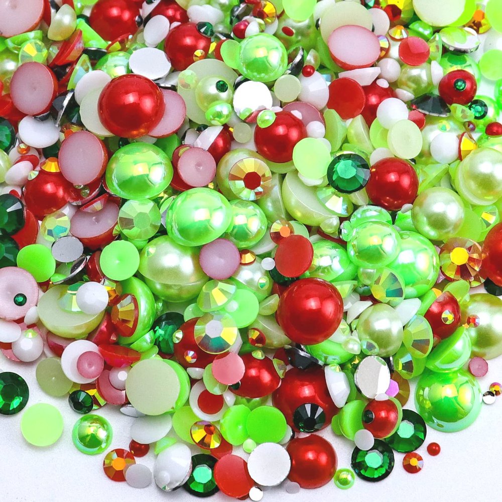 Briskbloom 60g Mix Flatback Pearls and Half Pearls, 3620PCS 2mm-10mm Pearl Rhinestones for Nails Face Art Tumblers, Jelly Rhinestones, Christmas Red|Green|White
