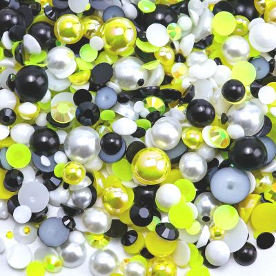 Briskbloom 60g Mix Pearls and Rhinestones for Crafts, 3620PCS 2mm-10mm Flatback for Nails Face Art Tumblers, Jelly and Half Pearls, Yellow|Black|White