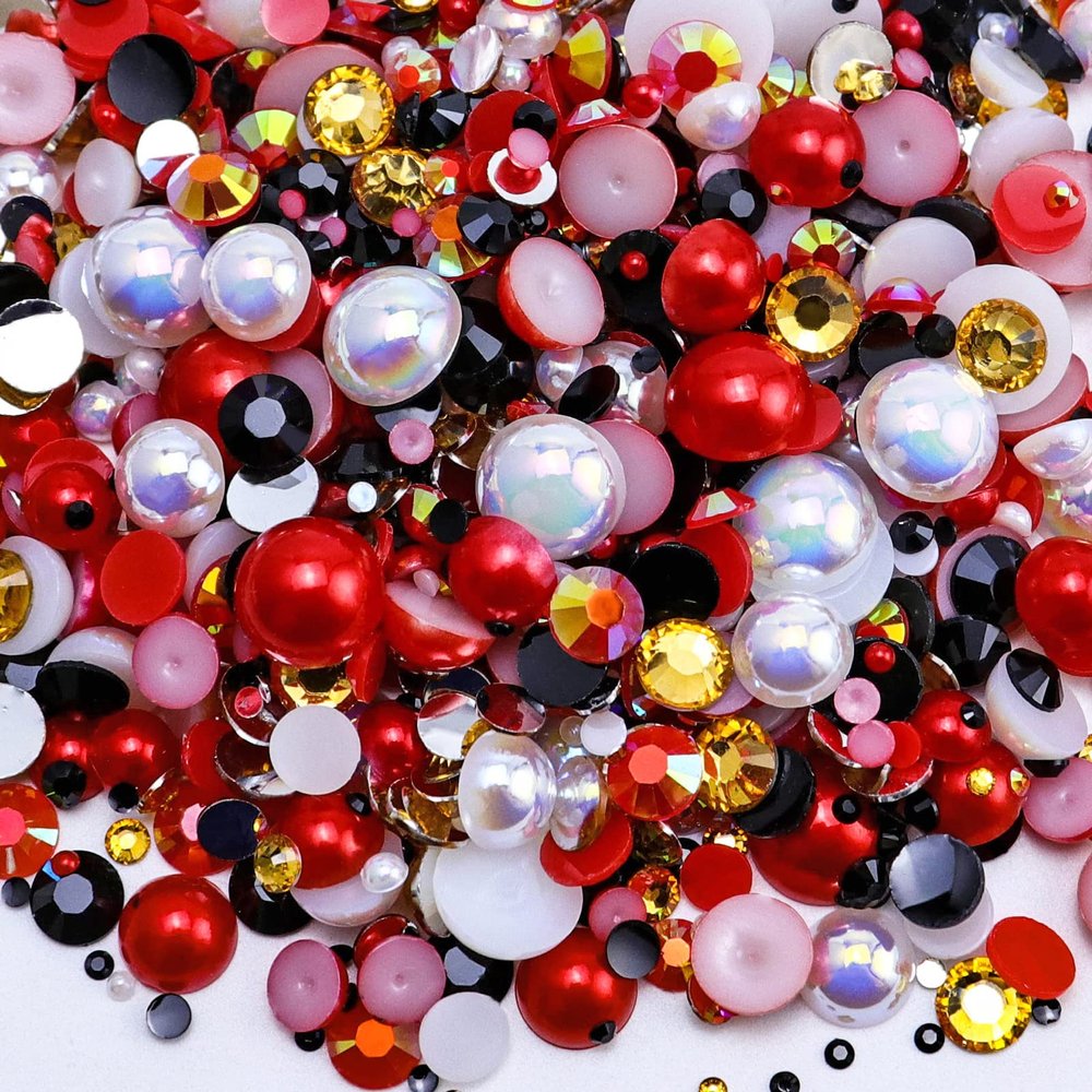 Briskbloom 60g Mix Pearls and Rhinestones for Crafts, 3620PCS 2mm-10mm Pearl Rhinestones for Nails Face Art Tumblers, Flatback Rhinestones and Half Pearls, with Tweezers Wax Pen, Red|Orange|Black