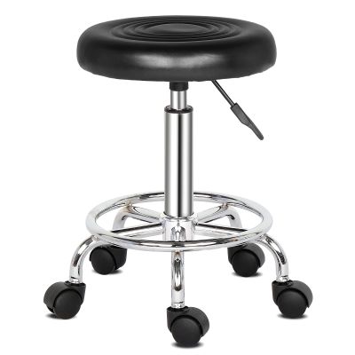 Vasitelan PU Leather Modern Round Rolling Stool with Footrest Height Adjustable Spa Drafting Salon Tattoo Work Massage Stools Task Chair (Style 2-Black)